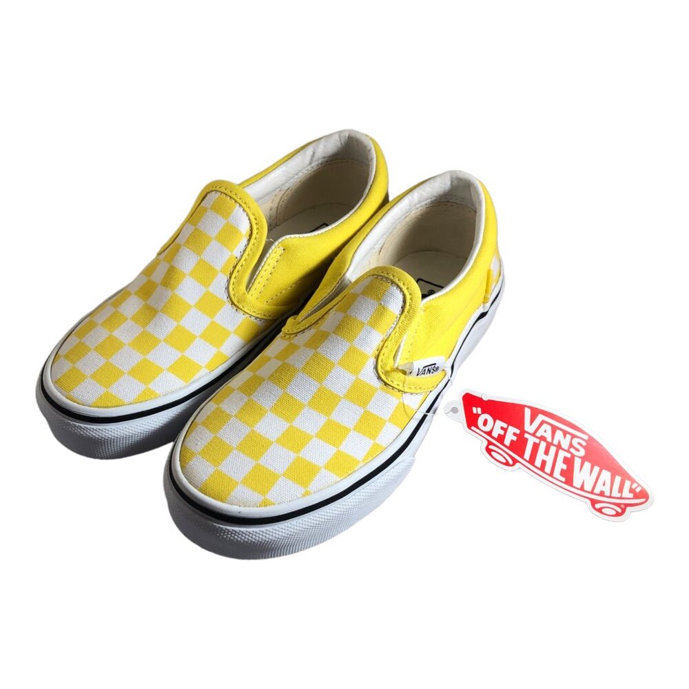 VANS Kids Classic Checkerboard Yellow and White Slip-On Shoes (Retired Color)